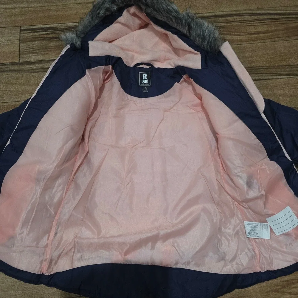 R 1881 by S Rothschild‎ Quilt Puffer Jacket Navy Faux Fur Hood Kids M 10 12